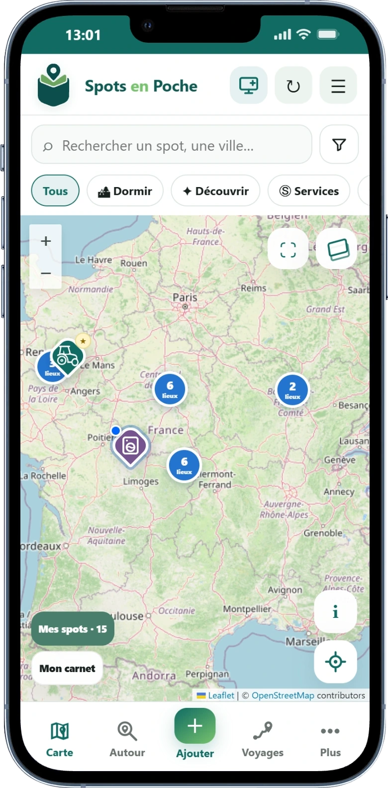 Carte principale de Spots en Poche avec les spots enregistrés